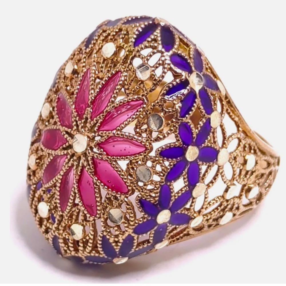 Sterling Silver Filigree Enamel Ring - Size 7